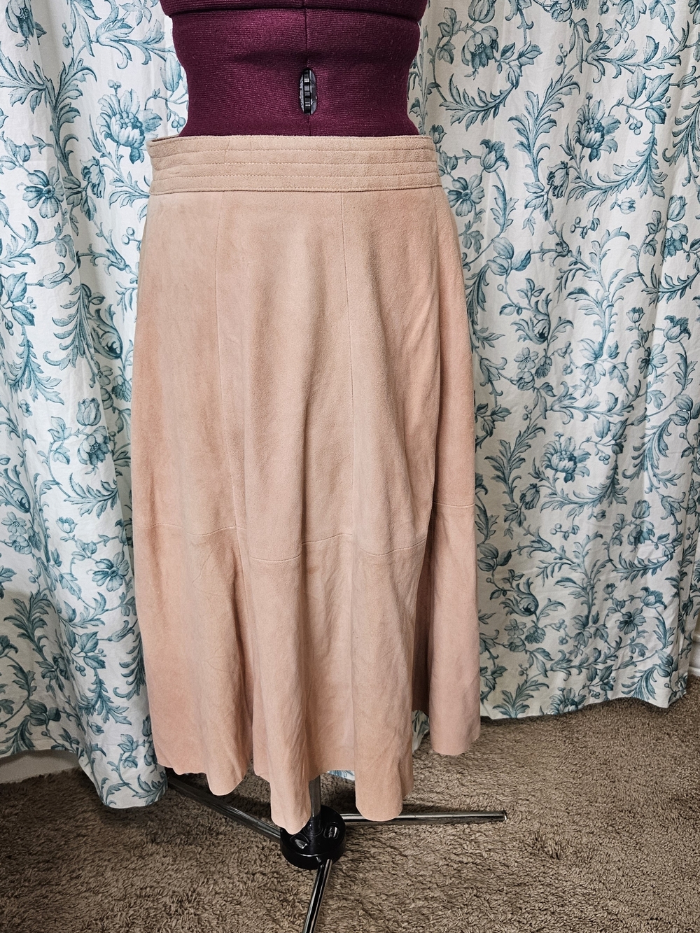 Women's Blush Suede Midi Skirt with Panel Detail